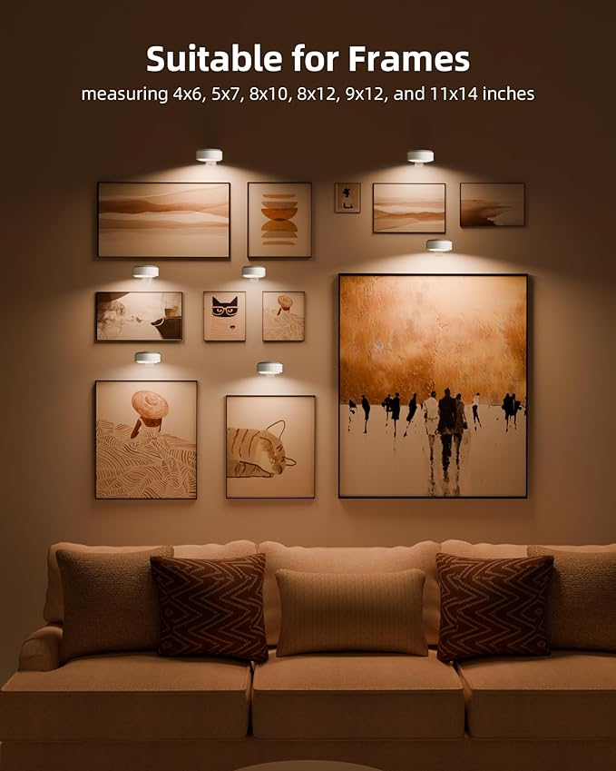 EZVALO Picture Lights for Wall, Rechargeable Battery Magnetic Poster Lights with 3 Color Temps & 12 RGB, Remote Dimmable Timer Light, Wall Decor Light for Art Display (6 Pack with Charging Station)