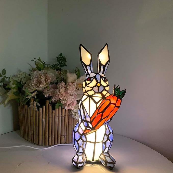 Bieye L10885 Rabbit Holds Carrot Tiffany Style Stained Glass Accent Table Lamp for Home Decor (Blue)