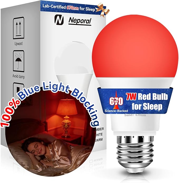 Neporal 7W 670nm Red Light Bulbs for Sleep - 100% Blue Light Blocking Bulbs for Melatonin Promote, A19 50W Equivalent Dim LED Red Light Bulb for Lamps, Bedroom Sleeping, Reading, Baby Nursery, 1-Pack