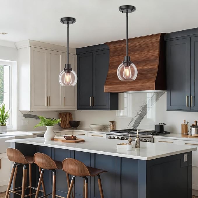 Ralbay Black Pendant Light Kitchen Island Industrial Pendant Light Fixtures with Globe Clear Glass Shade, Farmhouse Dining Room Hanging Lighting Fixture for Kitchen Island, Matte Black 2-Pack