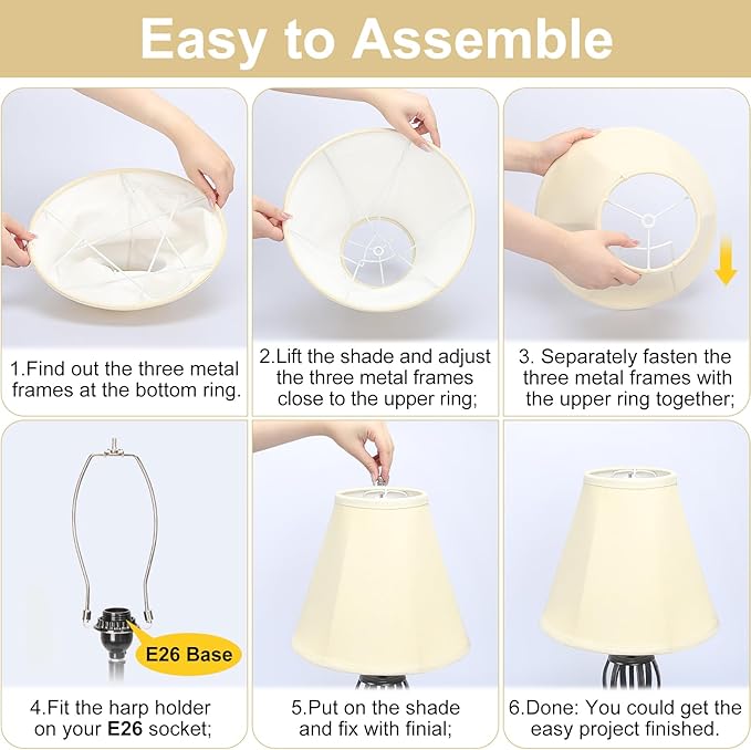 Bell Lamp Shades Set of 2, Cream Fabric Lampshades Medium Shade Replacement, 6"Top x 13"Bottom x 10"High, Natural Linen Hand Crafted(Spider Fitter), Harp Holders Included, Easy Assembly Required