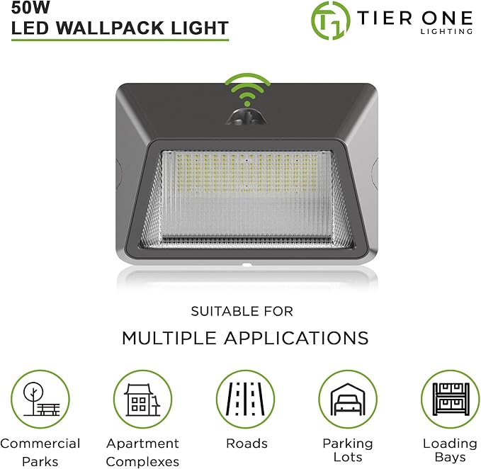 TIERONE 50W LED Wall Pack Light Dusk to Dawn Photocell Outdoor Commercial Security Area Lighting Fixture UL Listed 5500LM 4000K Daylight 400W HPS/HID Equivalent IP65 Waterproof 120-277V 4PACK