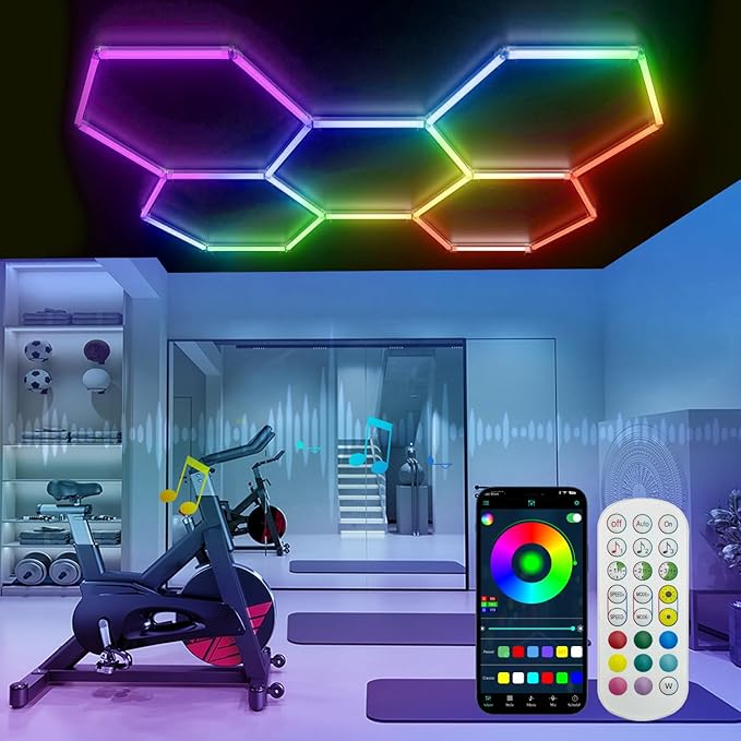 RGB Hexagon Garage Lights, 356 Colors Mode/Music Sync LED Garage Lights, Smart App & Remote Control, DIY Honeycomb Ceiling Light for Studio Gym Basement Decor Gaming Room