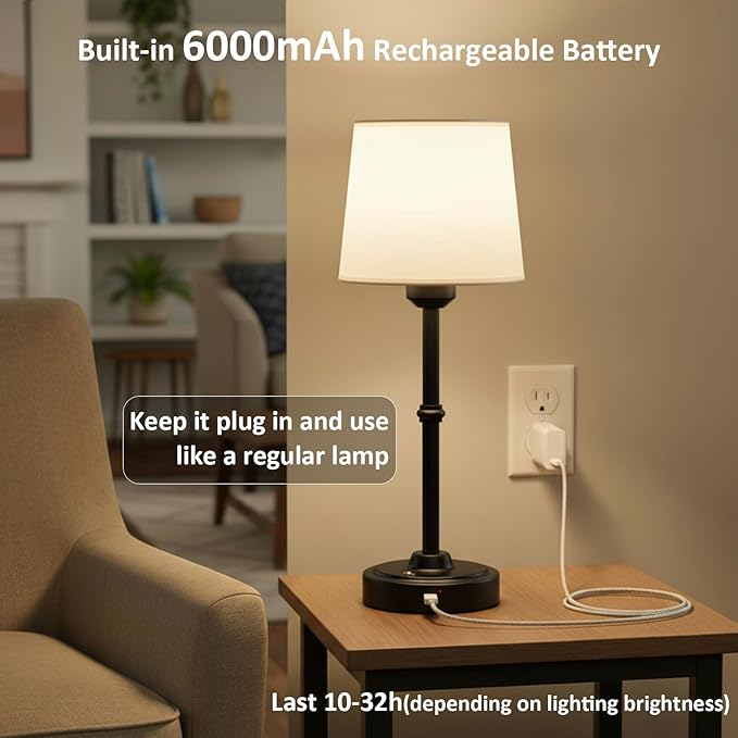 Cordless Table Lamp Rechargeable, Portable Battery Operated Light for Bedroom Living Room, 6000mAh Fabric Shade Desk Lamp 3000K Eye-Caring Home Decor for Dining Balcony Patio Counter Nightstand Hotel