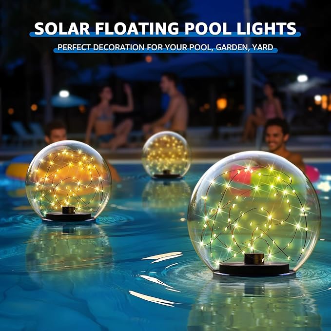 2-Pack Solar Floating Pool Lights Ball Outdoor Water-Resistant IP66 Solar-Powered that Float Flickering Lights for Swimming Pool Decor Pond Garden Party