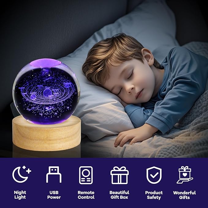 3D Solar System Crystal Ball Night Light 2.4in Galaxy Planets Glass Table Lamp Decor with 16 Colors Change Remote Control Birthday Christmas Astronomy Space Gifts for Boys Girls