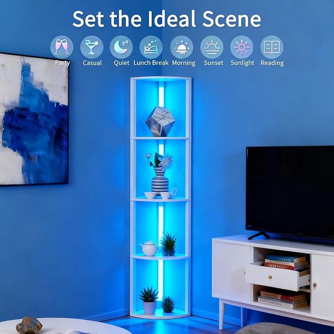 RGBCW Floor Lamp with Shelves, Smart Modern Floor Lamp with Music Sync, Color Changing Corner Display Shelf Lamp, Dimmable Standing Lamp for Living Room and Bedroom, Office, White