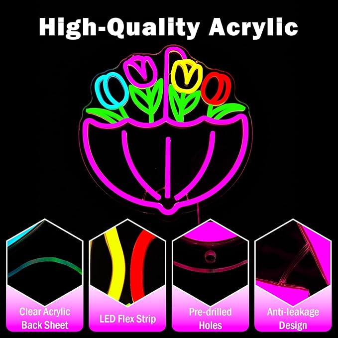 Spring Flower Umbrella Neon Sign Dimmable Tulips Neon Lights April Showers Bring May Flowers Led Sign Easter Wall Art Spring Decorations for Office Classroom