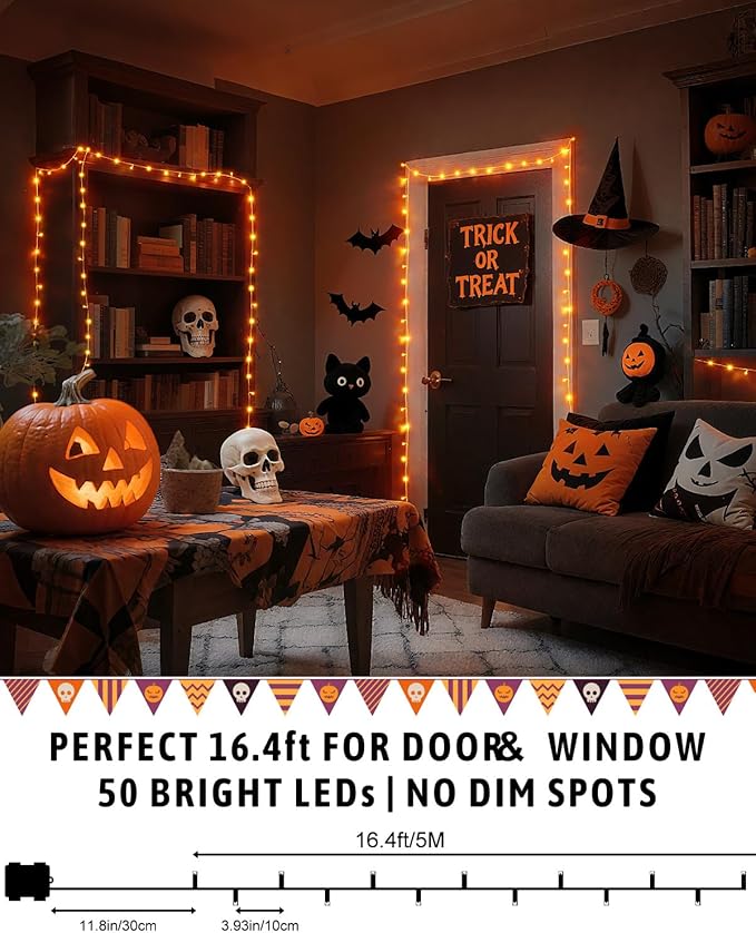 Halloween String Lights Battery Operated, Orange Lights for with Timer Waterproof 16.4ft 50 LED Halloween Decorations for Outdoor Indoor Patio Party Garden Yard Decor 2 Packs