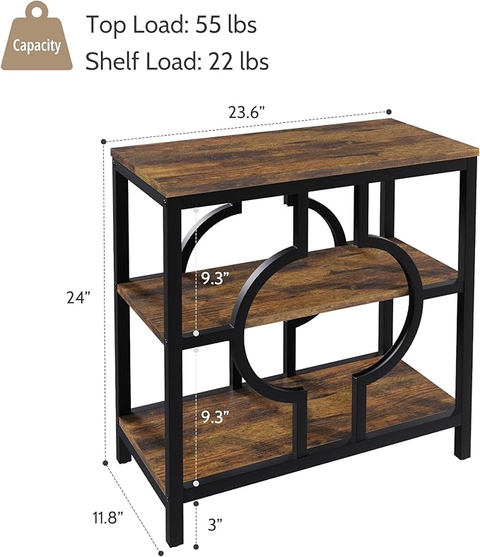End Table, Narrow Side Table with 3-Tier Storage Shelves, Wood Sofa Side Table with Geometric Metal Frame for Living Room, Industrial Bedside Nightstand for Bedroom (Brown)