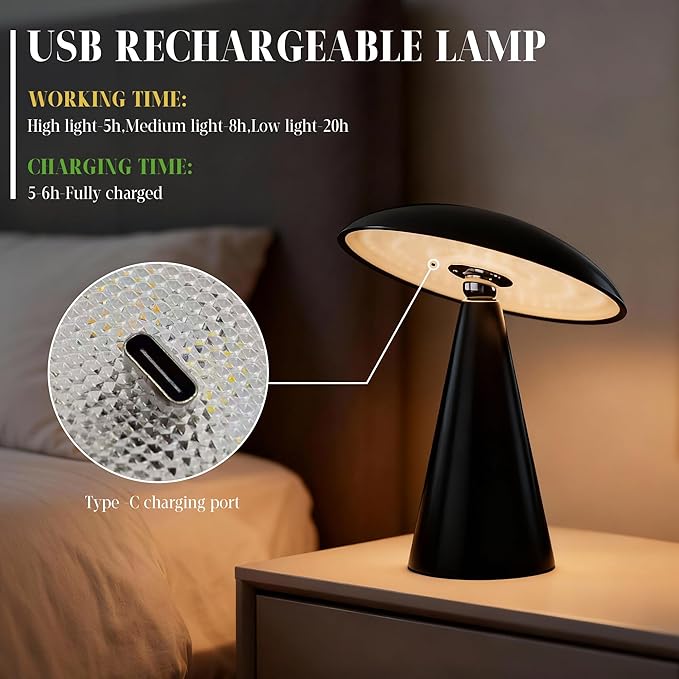 Mushroom Aesthetic Cute Lamp,Magnetic Mid Century Modern Lamp with 3-Mode Lighting for Unique Home Mushroom Decor,Cordless USB Rechargeable Lamps for Bedside/Dorm/Office/Entryway Decor(Black)