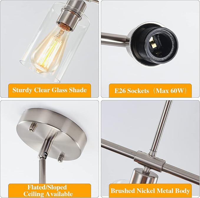 ETONIMERR Brushed Nickel Glass Pendant Lighting Over Island 3 Light Modern Kitchen Pendant Light with Glass Shade Industrial Linear Pendant Lighting for Kitchen Island