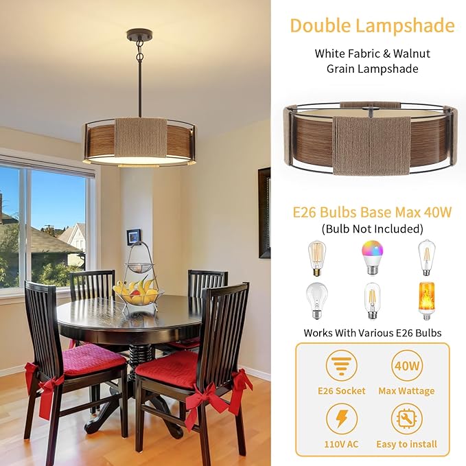 19.7'' Rattan Chandelier, 4-Light 2-Layer Shade Chandelier Rustic Rattan and Metal Wood Grain Round Pendant Kitchen Island Lighting Hanging Drum Chandeliers for Dining Room Foyer Entryway Living Room