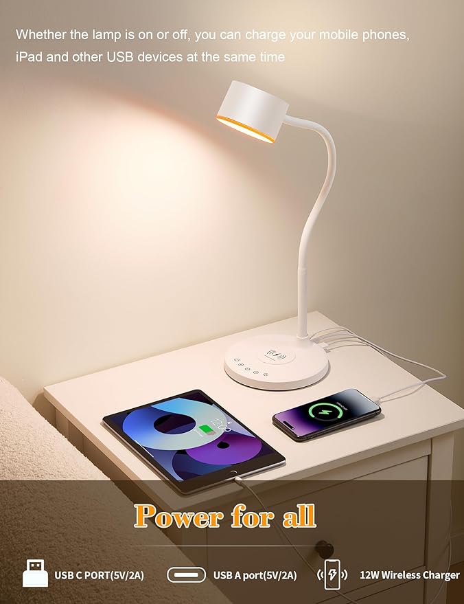 LED Desk Lamps for Home Office, Desk Lamp with USB C + A Dual Charging Ports, Wireless Charger, 5 Colors Dimming Reading Lamp Timer/Memory Touch Bedside Table Lamp for Bedroom College Dorm Room White