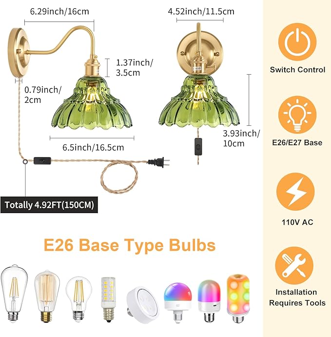 Plug in Wall Sconce Set of 2, Gold Vintage Wall Lights with Green Lily Glass Shade, Indoor Brass Corded Wall Lamp Fixture for Bedroom Living Room Bathroom Hallway