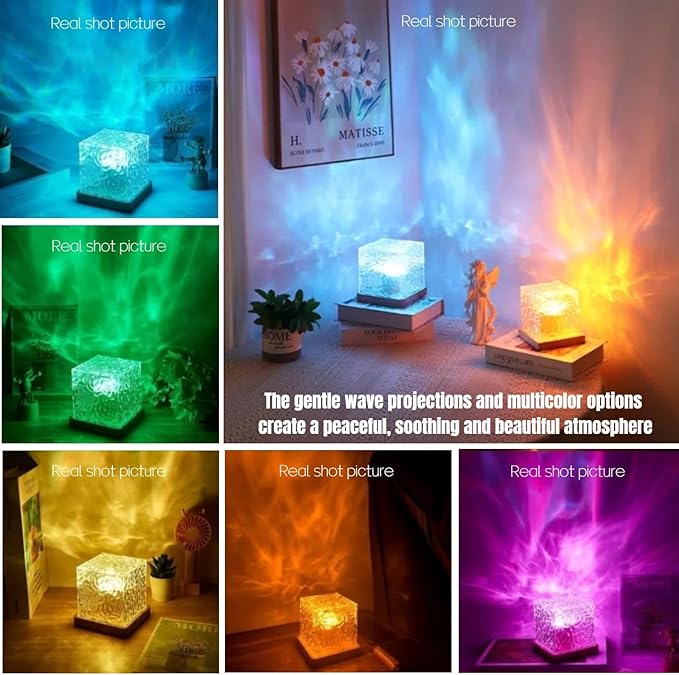 Rechargeable Ocean Wave Projector Light, 16 Color Changeable & Dimmable Shower Lamp with Remote, Cube Mood Ambient Lighting, Ocean Room Decor, Cordless Night Light for Bathroom, Room Decor