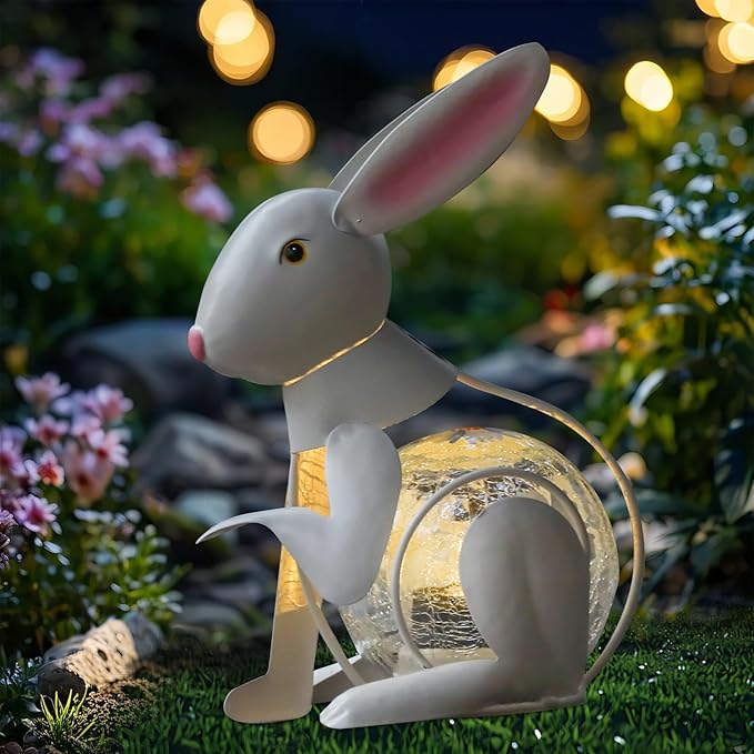 MUMTOP Metal White Rabbit Solar Lights Decorative, Bunny Easter Decorations Cracked Glass Light Tabletop Lantern, Spring Decor Solar Lanterns Outdoor Waterproof for Yard Patio Garden Easter Gift