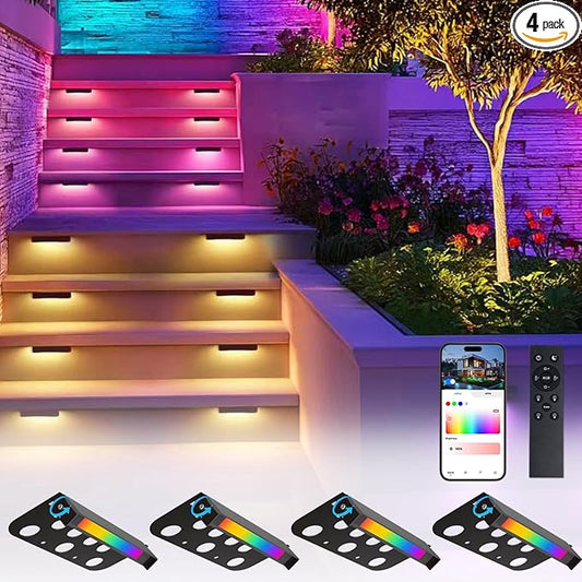 4 Pack RGBCW Retaining Wall Lights, 7 Inch Smart RGB LED Hardscape Lighting, APP/Remote Control, 5W 12V AC/DC Low Voltage Outdoor Step Light, Waterproof Color Changing Landscape Lighting, ETL