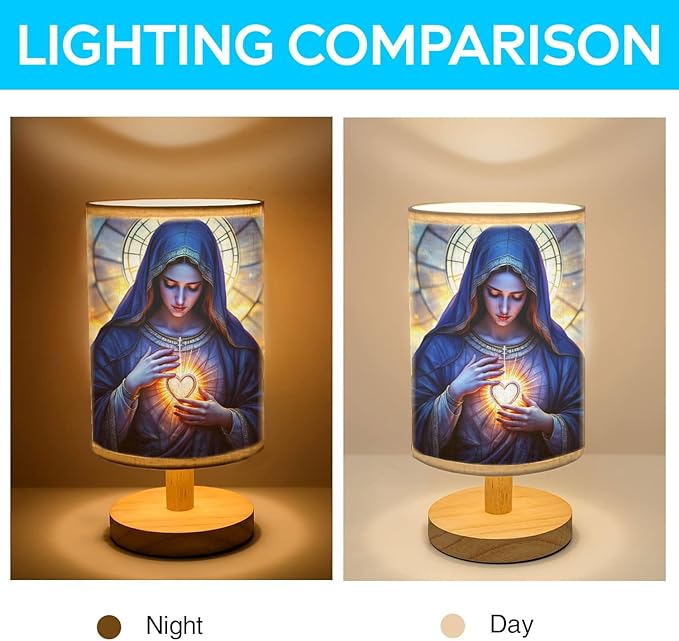 Our Lady of Sorrows Table Lamp LED 3-Color Pressed Bedside, Our Lady of Sorrows Shade Lamp with Wood Base for Bedroom Living Room Desk Office TL01