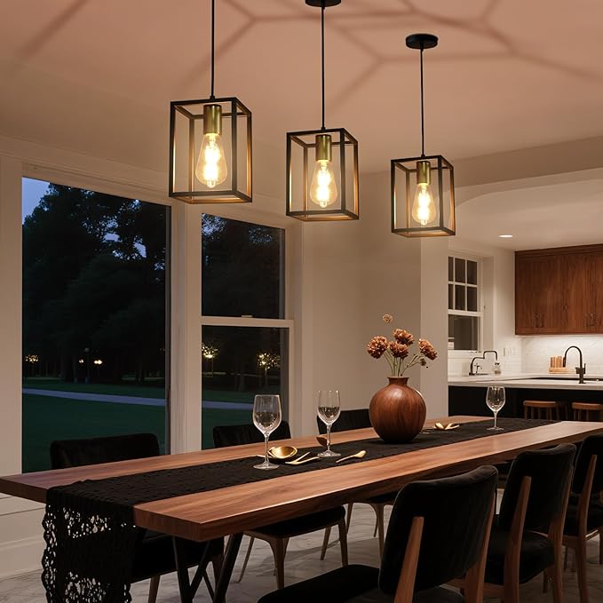 2 Pack Farmhouse Black and Gold Pendant Lights, Hanging Lamps for Living Room Entryway Foyer Indoor, Cage Lantern Kitchen Island Dining Room Light Fixture, Modern Matte Black Industrial Iron Light