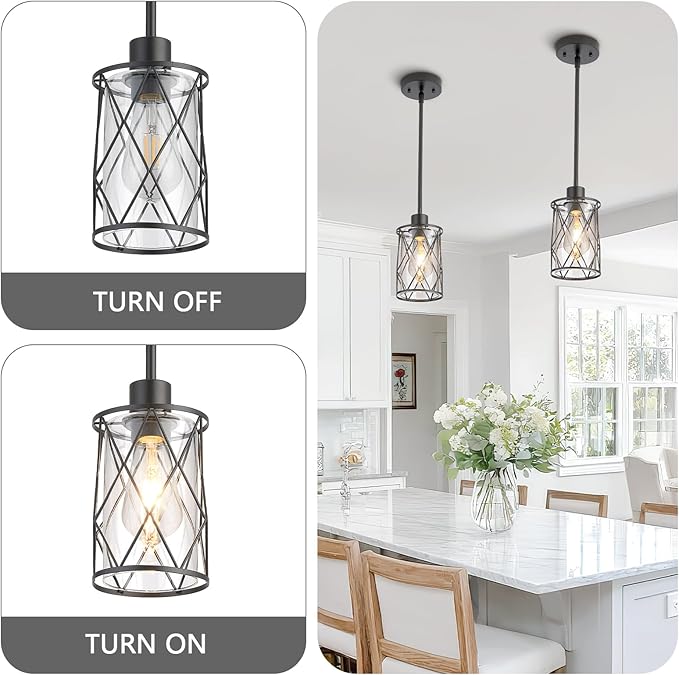 Refice Glass Pendant Lights Kitchen Island, Black Kitchen Hanging Light with Clear Glass, Farmhouse Cage Mini Pendant Lighting for Sink Dining Room Bedroom Bar, 1 Pack