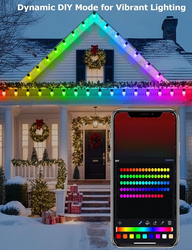 HIITEN Smart C9 Christmas Lights Outdoor 99ft, 150 LED RGBW Chasing Effects Xmas Lights Outdoor, APP and Remote Controlled with Timer Music Sync, Extendable LED Christmas Lighting for House Tree