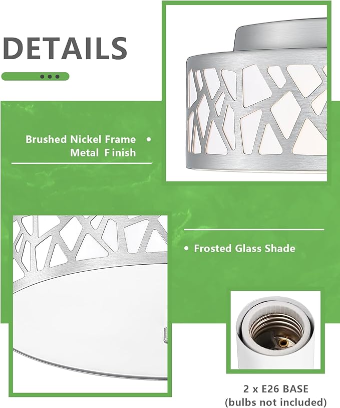 2-Light Flush Mount Ceiling Light,12 inch Modern Ceiling Light Fixture with Brushed Nickel Metal and Frosted Glass Shade for Hallway, Kitchen, Bedroom