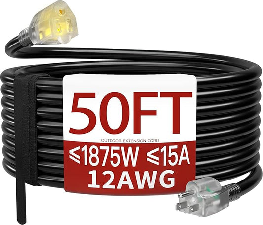 50 FT 12 Gauge Extension Cord Outdoor, Heavy Duty Weatherproof & Flame Retardant Black 3 Prong Power Cord with Light, Outside for Lawn & Garden, 15 Amps 1875 Watts 125 VAC 12AWG SJTW, ETL Listed