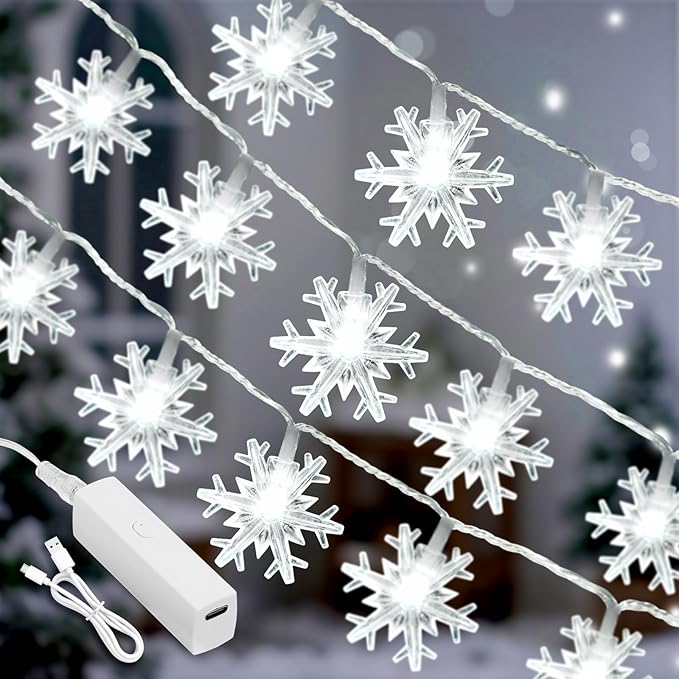 Christmas Lights, Snowflake Rechargeable Fairy Lights, 20FT 40 LED Mini String Lights Battery Operated Indoor, Twinkle Lights with 8 Modes & Timer for Bedroom Party Xmas Tree Decorations, Cool White