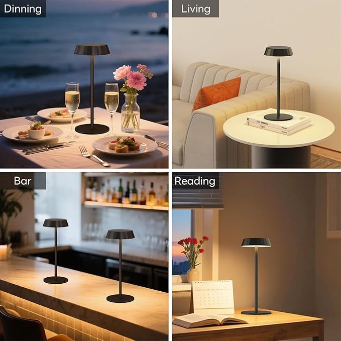 EppieBasic Cordless Table Lamp Rechargeable: Portable & Minimalist Design - 2700K Warm Light Metal Lamps for Living Room, Dining, Corner Table - Black