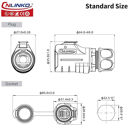 CNLINKO LP-20 RJ45 Waterproof Connector Set, CAT6 Ethernet Connector 8P8C Dual Port Panel Mount Receptacles Socket IP68 Waterproof (Yellow Single-Hole Set)
