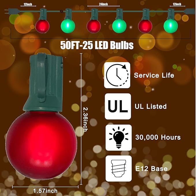 50Ft Outdoor Frosted Red and Green Christmas Lights,G40 Globe Patio Christmas Lights with 25 Red and Green Bulbs(2 Spare),Vintage Hanging Xmas for Tree Garden Porches Holiday