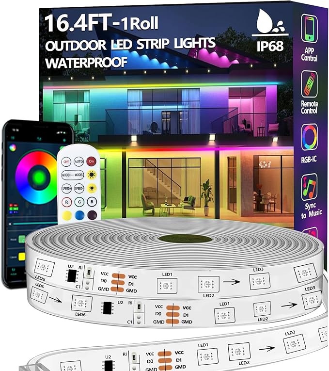 16.4FT Outdoor LED Strip Light Waterproof,IP68 Outside RGB+IC Light Strip with App/Remote Control,Music Sync Lights for Balcony,Deck,Rooftop,Garden,Pool