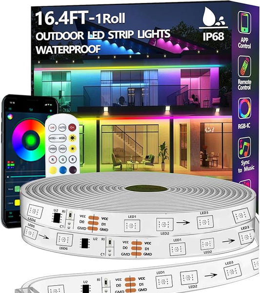 16.4FT Outdoor LED Strip Light Waterproof,IP68 Outside RGB+IC Light Strip with App/Remote Control,Music Sync Lights for Balcony,Deck,Rooftop,Garden,Pool