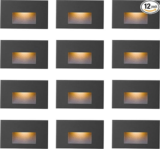 Stair Lights Outdoor Indoor LED Step Lights, 12V Low Voltage Stairway Light 4W 3000K Warm White, IP66 Waterproof Deck Staircase Light, Horizontal, Black, 12-Pack