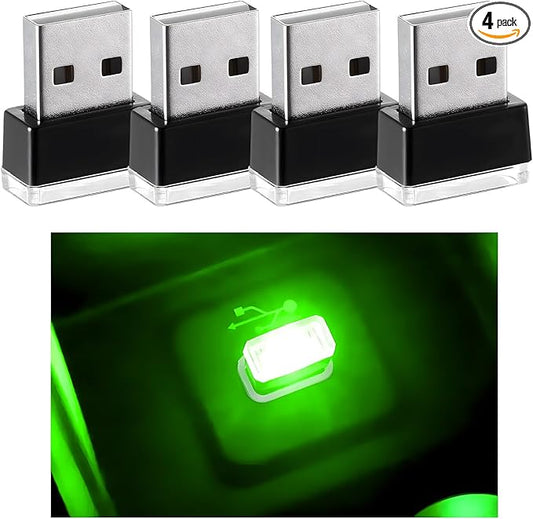 4 PCS USB LED Car Interior Atmosphere Lamp, Mini Night Light Plug-In Trunk Ambient Lighting Kit, Portable USB Interface LED Lamp Interior Decoration for Vehicle Home Office (Green)