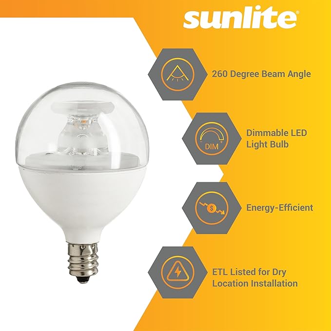 Sunlite G16.5 Light Bulb LED, 5 Watts (40W Equiv.), 350 Lumens, Dimmable, Type G Globe Shape E12 Candelabra Base, Short Bulbs, Vanity Mirror Bulbs, 2700K Soft White, Clear, 6 Count