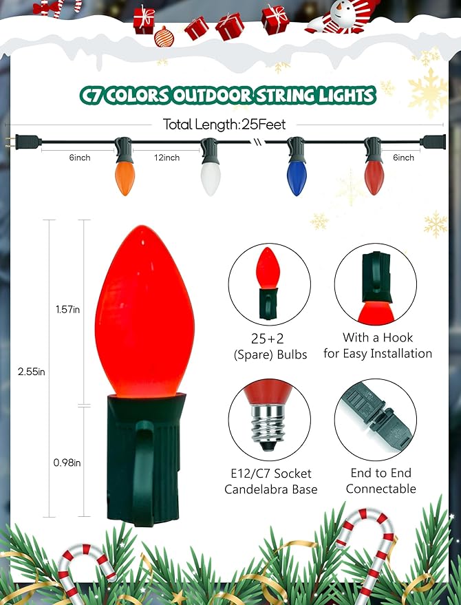 Abeja 25FT Outdoor C7 Multicolor Light, Vintage Christmas String Lights with 27 Multicolor Ceramic Bulbs (2 Spare), Hanging Christmas Lights for Outdoor Xmas Patio Wedding Party Garden Decor