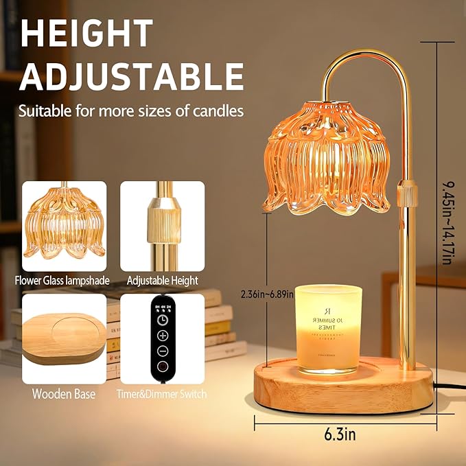 Flower Candle Warmer lamp with Timer Dimmer,Adjustable Height Candle Warmer,Fits All Jar Scented Candles,Christmas Gifts for Mom Women,Candle Lamp for Bedroom Home Decor,Flower Amber