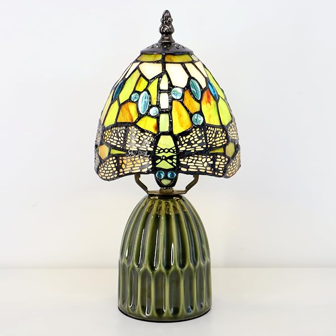 Tiffany Lamp Stained Glass Mushroom Table Lamps 6X6X12.5 Inch Amber White Dragonfly Style Small Night Light Ceramic Base Mini Accent Desk Light Suitable for Bedside Table Bedroom Children Room