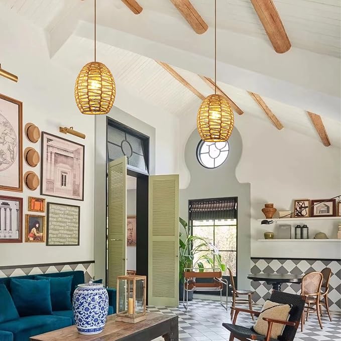 DELIPOP Pendant Light, Hand-Woven Rattan Chandelier, Boho Adjustable Hanging Lights for Living Room, Dining Room, Kitchen, Bedroom, Farmhouse