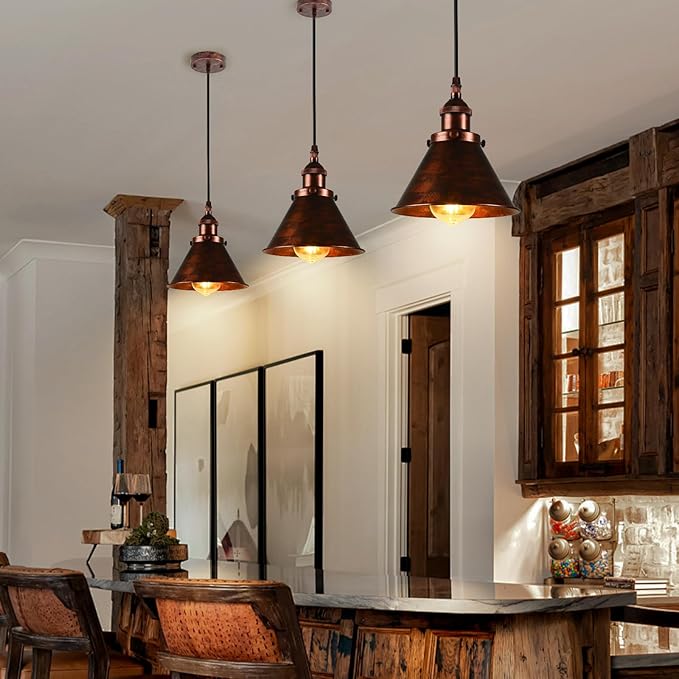 TAKEGO Farmhouse Pendant Light, Rustic Copper Pendant Light Kitchen Island, Vintage Pendant Light Fixtures, Hanging Ceiling Lamp for Kitchen Island, Hallway, Dining Room