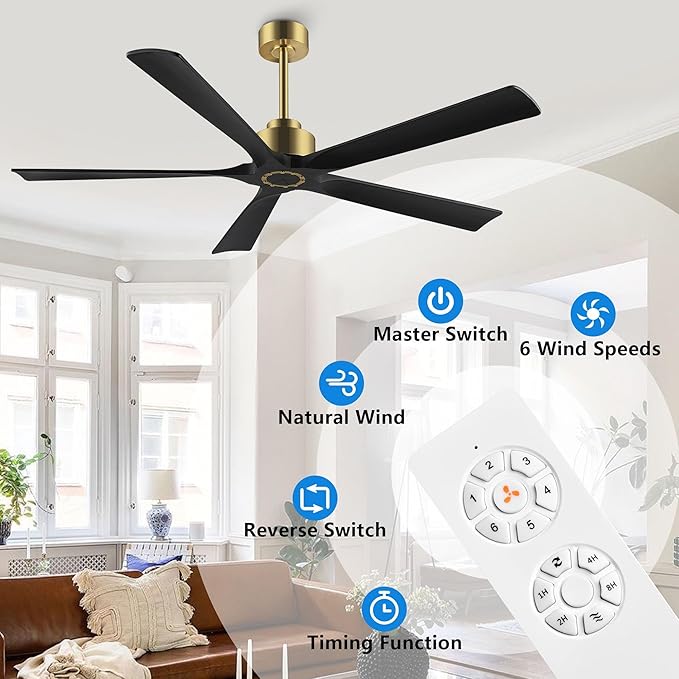 ELEHINSER 60 Inch Modern Ceiling Fan without Light, 5 Solid Wood Blades 6-Speed Noiseless Reversible DC Motor, Ceiling Fan with Remote Control for Bedroom Living Room, Gold Finish with Black Blades