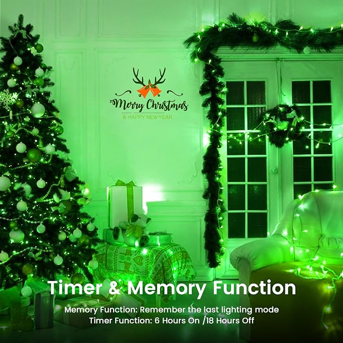 2 Pack Christmas String Lights Battery Operated with Timer, 66FT 200 LED Waterproof Twinkle Lights, 8 Modes Fairy Light for Indoor and Outdoor Bedroom Garland Tree Christmas Decorations (Green)