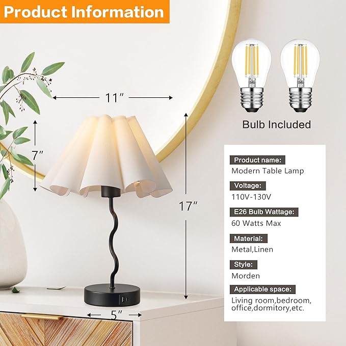 Pleated Table Lamp, Set of 2 Table Lamps for Bedroom, Bedside Lamps for Nightstand with Linen Lampshade, Modern Lamp for Bedroom Home Office Decor, Black