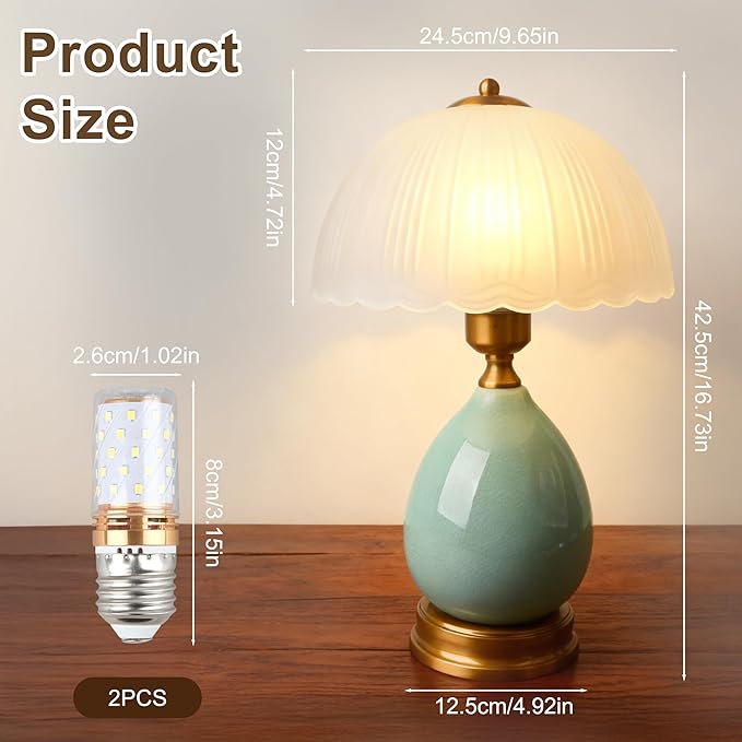 Table Lamps Ceramic Retro Lamp for Living Room,16" Modern Bedside Nightstand Traditional Lamps, Classic Chinoiserie Green Glass Lamp for Home (French Country)