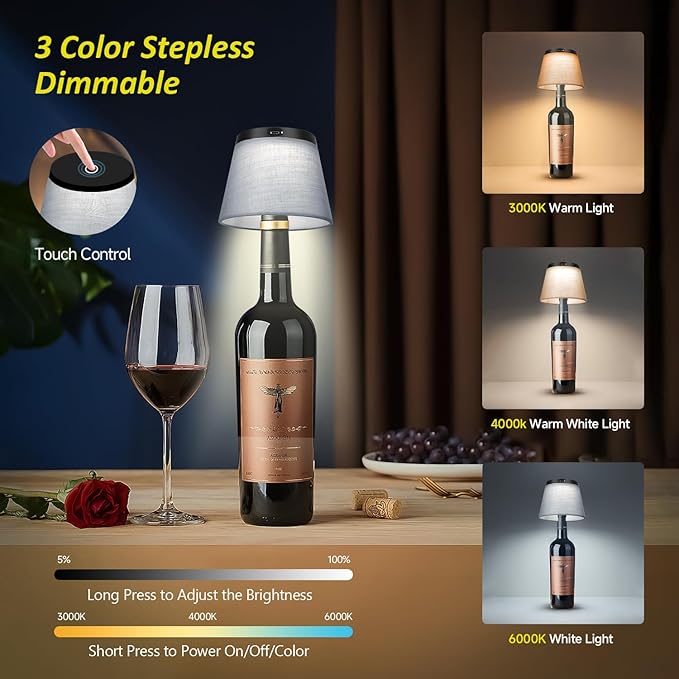 2025 New Bottle Lamp - LED Bottle Lights for Liquor & Wine Bottles, Cordless Lampshade, Whiskey Bottle Top Light, Bottle Stopper Night Light Kit, Rechargeable 3-Tone Touch-Dimmable