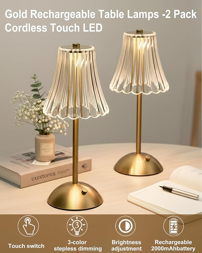 Gold Rechargeable Table Lamp [2 Pack], Cordless Touch LED Bedside Lamp with 3 Color Modes, USB Dimmable