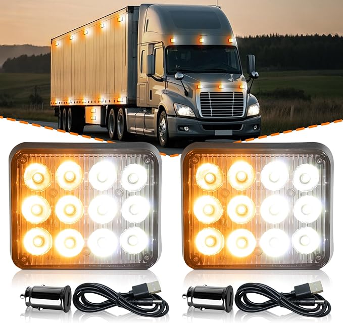2PCS Magnetic Strobe Lights for Trucks Rechargeable LED Flashing Lights Wireless Portable LED Road Flares Marker Emergency Safety Warning Lights for Trucks Vehicles Car Tow RV(Amber White)