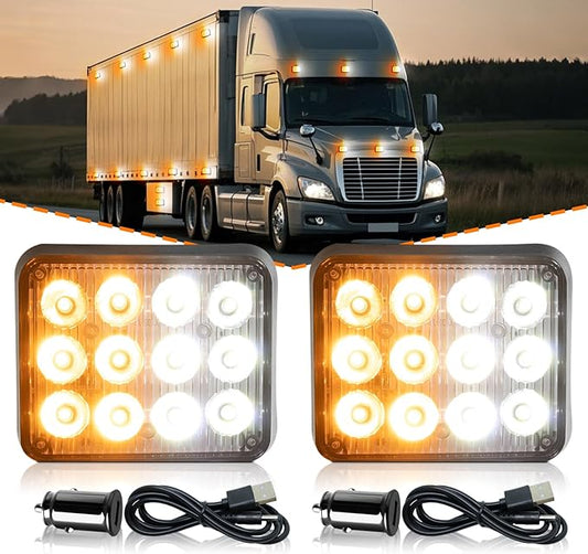 2PCS Magnetic Strobe Lights for Trucks Rechargeable LED Flashing Lights Wireless Portable LED Road Flares Marker Emergency Safety Warning Lights for Trucks Vehicles Car Tow RV(Amber White)